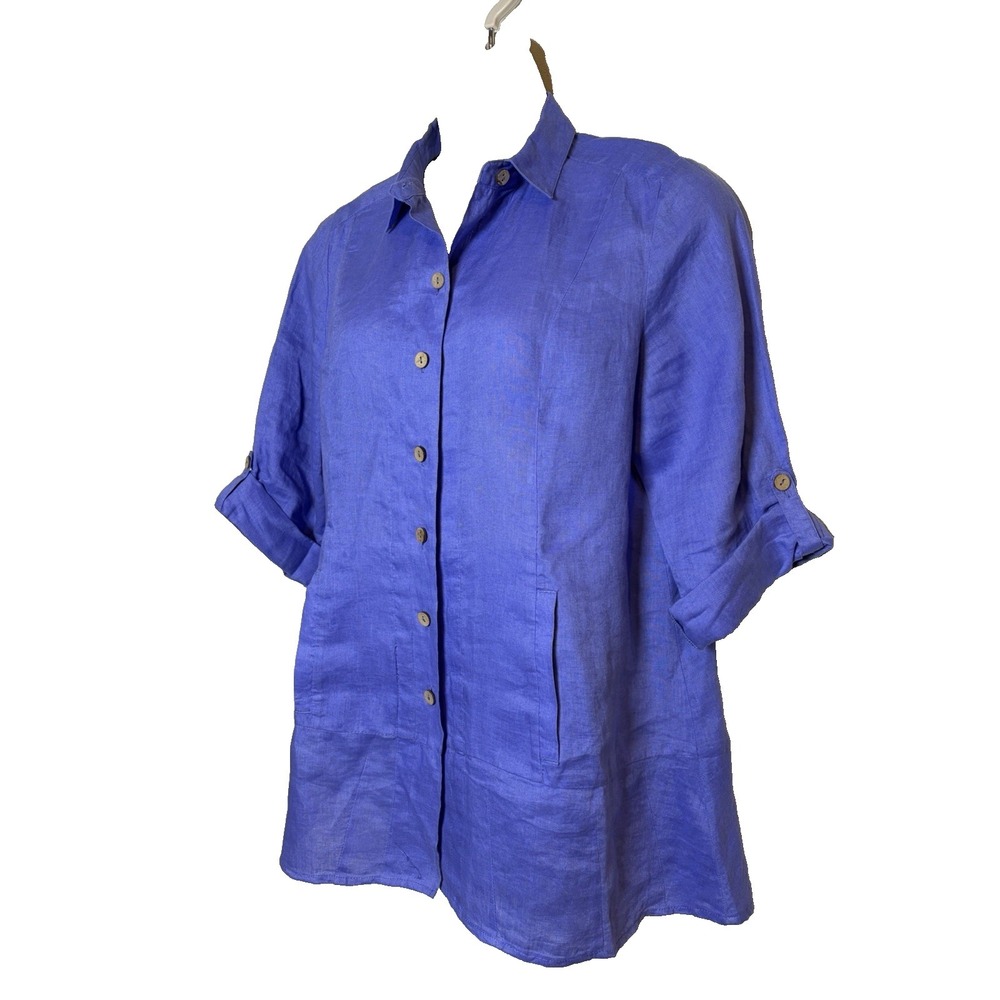 Soft Surroundings Linen Tunic~L~Violet  Blue Button Up Jacket Roll Slv Lagenlook